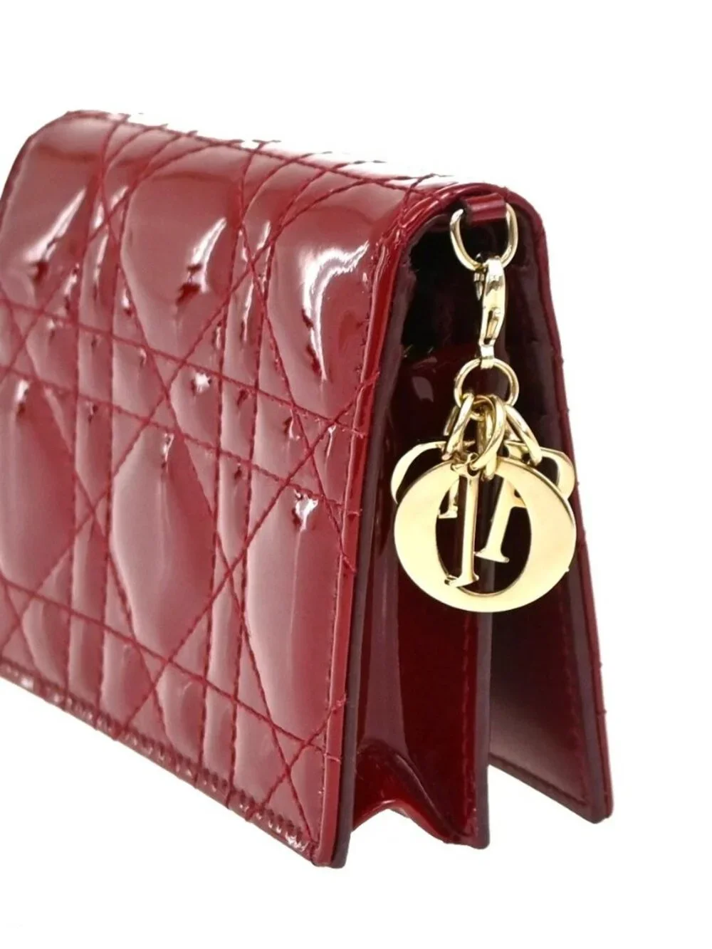 CHRISTIAN DIOR Cannage Mini Lady Dior Gardenia Wallet Patent Leather Red 80RL584